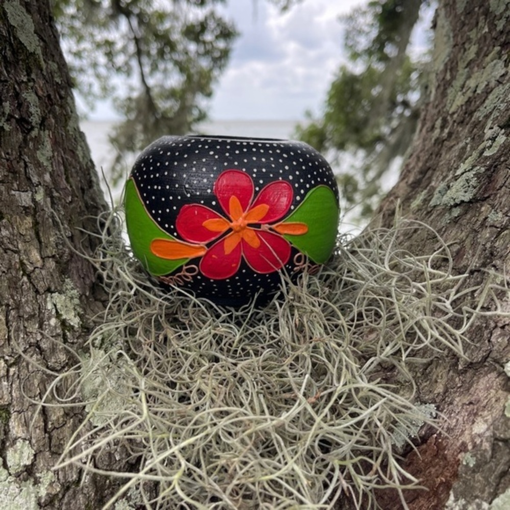 Hand painted gourd bowl dish black with red green flowers & white polka dots.